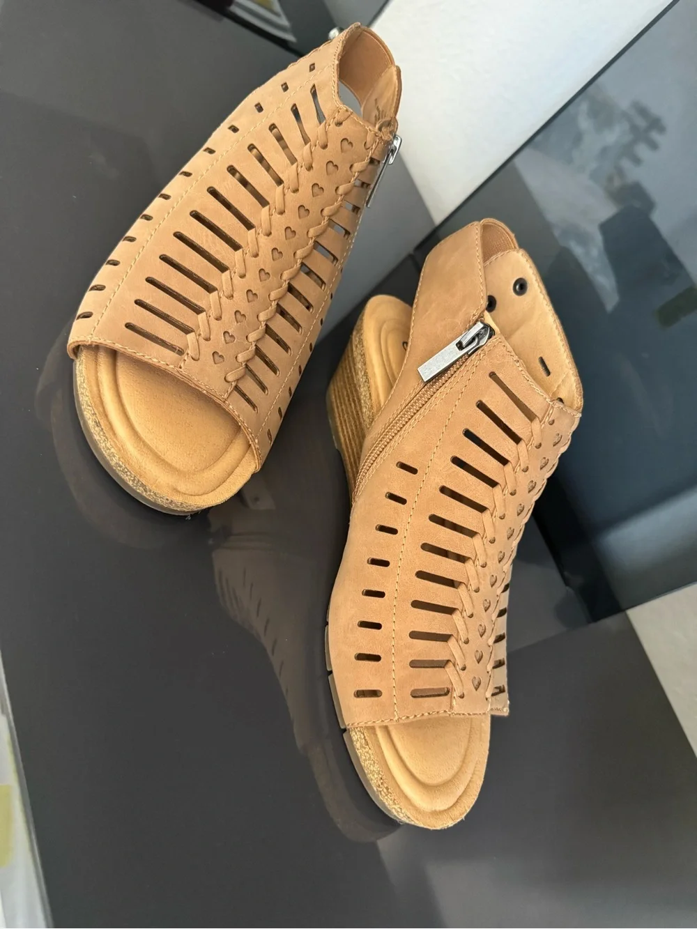 Earth Tan Cutout Wedge Sandals with Side Zip